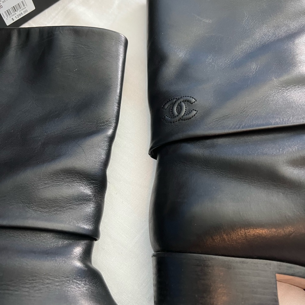 CHANEL Black Leather Mid-Calf Fold-Over Ankle Boots - Picture 10 of 13
